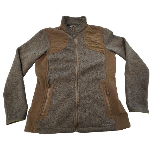Eddie Bauer Jacket Womens Medium Brown Olive Full Zip Sweater Fleece Quilted - Picture 1 of 16